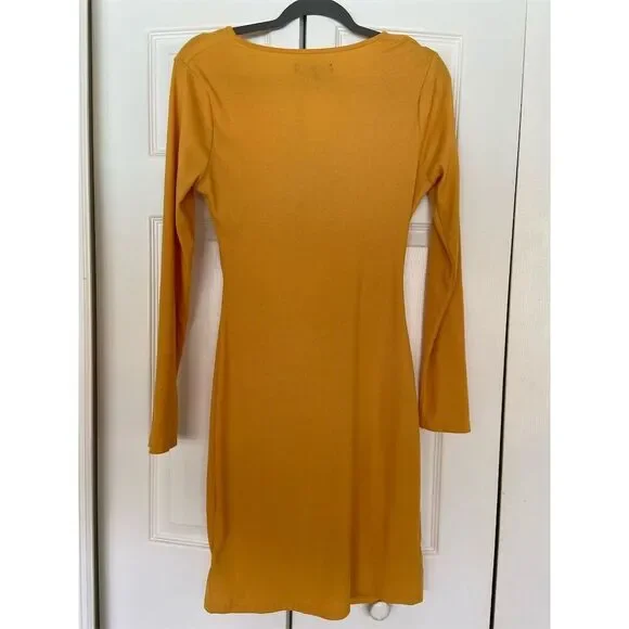 BCBG Women's Yellow Ribbed Knit Cutout Bodycon Dress Size L Short - Picture 2 of 3